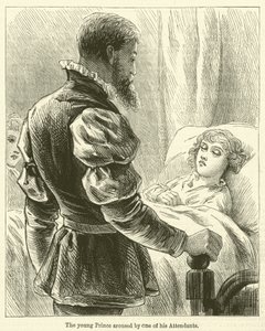 De jonge prins gewekt door een van zijn bedienden (gravure)