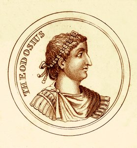 Theodosius, illustratie uit Het Universele Historische Woordenboek door George Crabb, gepubliceerd 1825 door English School