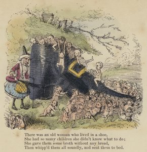 Er was een oude vrouw die in een schoen woonde, ze had zoveel kinderen dat ze niet wist wat ze moest doen; ze gaf ze wat bouillon zonder brood, en stuurde ze allemaal naar bed door English School