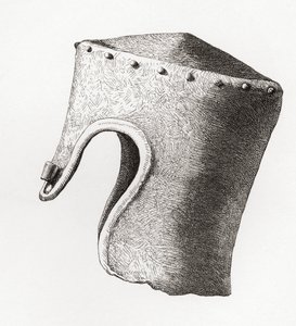 Dertiende eeuws Cilindrische Platte Helm met Neusbeschermer, opgegraven bij Montgomery Castle in 1841, uit The British Army: Its Origins, Progress and Equipment, gepubliceerd 1868. door English School