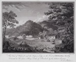 Dit Uitzicht op Whitewell en de Jagershut in het Bos van Bowland, is nederig opgedragen aan Zijne Genade Henry Hertog van Buccleuch, door zijn gehoorzame Dienaar J L Parker