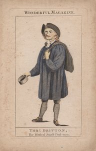Thomas Britton: De Muzikale Kleine Kolenman, illustratie uit Wonderful Magazine, ca. 1764 (handgekleurde gravure) door English School