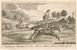 Thomas Johnson staand op één, twee en drie paarden in volle vaart door English School