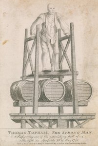 Thomas Topham, de sterke man, voert een van zijn verbazingwekkende krachttoeren uit in Spitalfields, 28 mei 1741 door English School