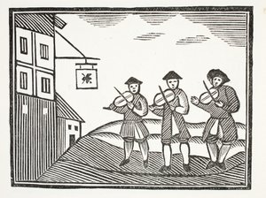 Drie Fiddlers in Thames Street, die een bruidegom speelden in de ochtend, die hen niets te drinken gaf, illustratie uit Chap-books van de Achttiende Eeuw door John Ashton, uitgegeven 1882
