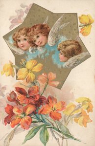 Drie cherubijnen in een afbeelding versierd met bloemen door English School