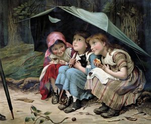 Drie kleine kittens (meisjes en kittens die onder een paraplu kruipen) - Engelse chromolithografie door English School
