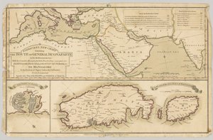Drie gedrukte gekleurde kaarten: Fairburns nieuwe kaart met de route van generaal Bonaparte in de Middellandse Zee, 1798
