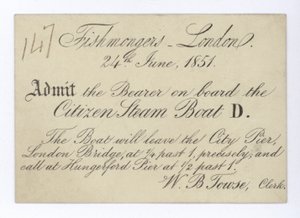 Ticket voor Londense visverkopers om een boottocht te maken op de Citizen Steam Boat, 24 juni 1851 door English School