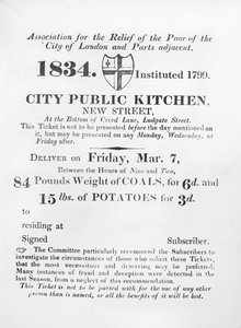 Ticket uitgegeven aan de armen om kolen en aardappelen te ontvangen van de Stadskeuken, New Street, Londen, 1834 door English School