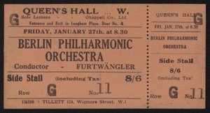 Ticket voor een concert van het Berlin Philharmonic Orchestra, Queens Hall, Londen, vrijdag 27 januari 1928 door English School