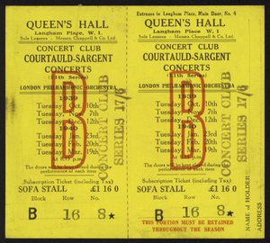 Ticket voor de Courtauld-Sargent concerten, Queens Hall, Langham Place, Londen, 1939-1940 door English School
