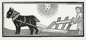 Het is een Ploeg die de ingewanden van de Aarde omwoelt voor het zaaien van Graan, illustratie uit Chap-books van de Achttiende Eeuw door John Ashton, uitgegeven 1882 door English School