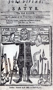 Titelpagina van het eerste boek van Jure Divino - Een satire door Daniel Defoe (1660-1731) gepubliceerd in 1706