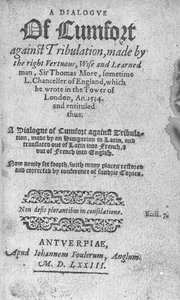 Titelpagina voor A Dialogue of Comfort against Tribulation door Sir Thomas More, gepubliceerd 1573 (gedrukt papier)
