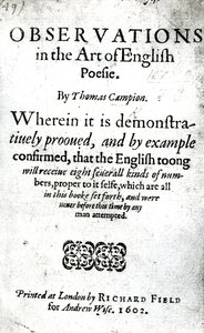 Titelpagina voor Observations in the Art of English Poesie door Thomas Campion, gepubliceerd 1602