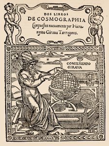 Titelpagina voor Twee Boeken over Kosmografie door Hieronymo Girana Tarragones, uit The Narrative and Critical History of America, bewerkt door Justin Winsor, Londen, 1886 door English School