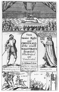 Titelpagina van The Divine Right and Original of the Civil Magistrate from God, gegraveerd door Edward Gee, 1658 door English School
