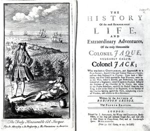 Titelpagina en Frontispice voor The History of the most Remarkable Life and Extraordinary Adventures of the truly Honourable Colonel Jaque door Daniel Defoe, 1738 door English School