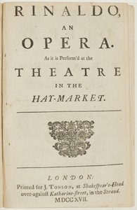 Titelpagina van het libretto van Händels opera "Rinaldo", door Giacomo Rossi, 1717