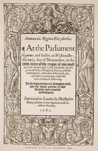 Titelpagina van Acts of Parliament, gedrukt door Christopher Barker, 1585 door English School