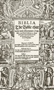 Titelpagina van de Coverdale Bijbel, gedrukt in 1535, uit The National and Domestic History of England door William Hickman Smith Aubrey (1858-1916) gepubliceerd in Londen, ca. 1890 door English School
