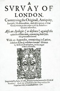 Titelpagina van A Survey of London door John Stow, gepubliceerd in 1598