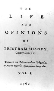 Titelpagina van The Life and Opinions of Tristram Shandy, Gentleman door Laurence Sterne, gepubliceerd in 1760 door English School