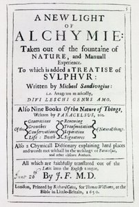 Titelpagina van de Engelse editie van A New Light on Alchemy door Michal Sedziwoj, 1650 door English School