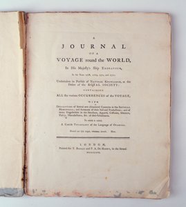 Titelpagina van Een Journaal van een Reis Rond de Wereld in Zijne Majesteits Schip Endeavour in de Jaren 1768, 1779, 1770 en 1771, uitgegeven in Londen, 1771 door English School