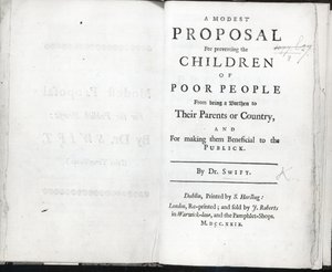 Titelpagina van A Modest Proposal door Jonathan Swift, uitgegeven in 1729