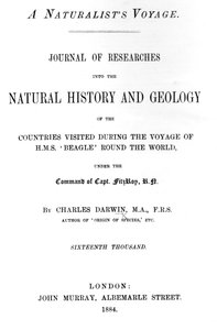 Titelpagina van A Naturalists Voyage Around the World door Charles Darwin, editie gepubliceerd in 1884