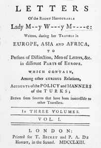 Titelpagina van Letters of the Right Honourable Lady Mary Wortley Montagu, geschreven tijdens haar reizen in Europa, Azië en Afrika, gepubliceerd in 1763