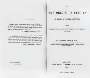 Titelpagina van On the Origin of Species door Charles Darwin, gepubliceerd in 1859 door English School
