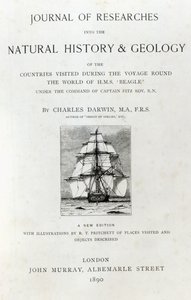 Titelpagina van The Voyage of the Beagle door Charles Darwin, editie gepubliceerd in 1890 door English School