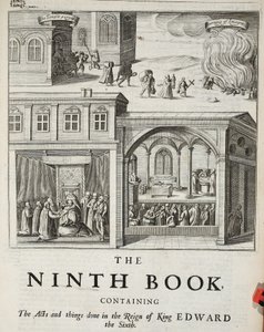 Titelpagina van het negende boek, illustratie uit Handelingen en Monumenten van John Foxe, negende editie, uitgegeven 1684