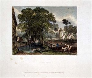 Tooting Kerk, gravure door J D Harding & G Cooke door English School