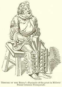Marteling van de Laarzen.--Facsimile van de prent in Millaeus Praxis Criminis Persequendi door English School