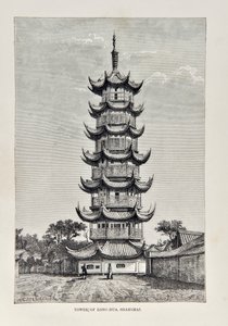 Toren van Long Hua, Shanghai, illustratie uit The Universal Geography, the Earth and its inhabitants, uitgegeven 1878