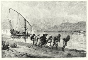 Het slepen van de Dahabieh (gravure) door English School