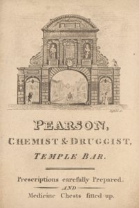 Handelskaart voor Pearson, apotheker en drogist, Temple Bar, Londen door English School