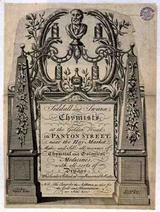 Handelskaart voor Siddall en Swann, chemici, aan het Gouden Hoofd, Panton Street, Londen (gravure)
