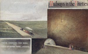 Trein die Chat Moss oversteekt en Interieur van Wapping Tunnel, Liverpool door English School