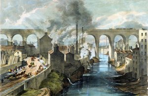 Trein kruist Stockport Viaduct op London  North Western Railway, ca. 1845 (kleurenlitho) door English School
