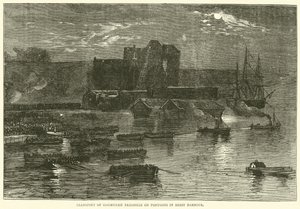 Transport van communistische gevangenen op pontons in de haven van Brest, 1871 door English School