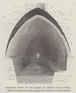 Dwarsdoorsnede van de Thames en Medway Kanaaltunnel (gravure) door English School