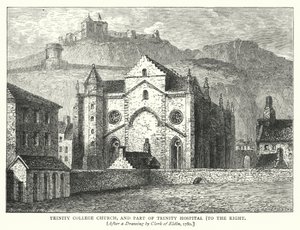 Trinity College Kerk, en Deel van Trinity Hospital, rechts (gravure) door English School