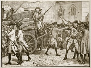 Troepen begeleiden het gestempelde papier naar het stadhuis, New York, 1766, illustratie uit Cassells Illustrated History of England door English School