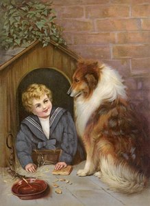 Turned Out - Jongen doet zich voor als Colliehond (kleurenlitho) door English School