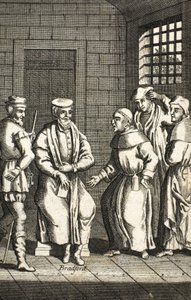 Twee Spaanse monniken praten met meneer Bradford, illustratie uit Foxes Martelaren ca. 1703 door English School